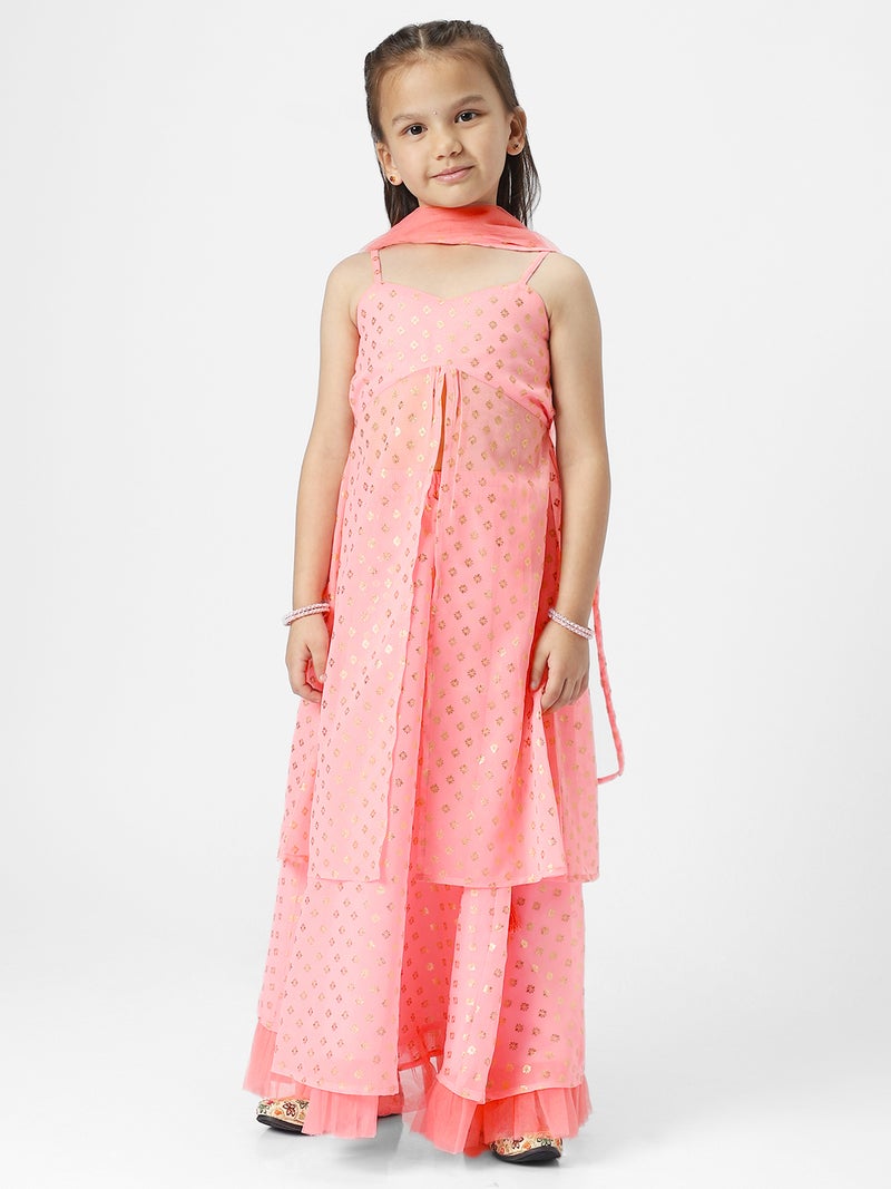 Nautinati Girls' Georgette Blend Ready-to-wear All-over Gold Toned Foil Print Lehenga & Blouse with Net Dupatta - Image 1